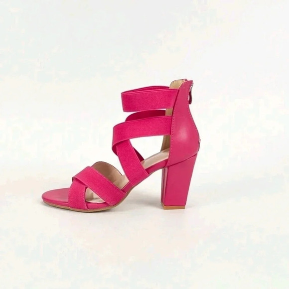 Red Roman Style Sandals With Chunky High Heels, Elastic Cross Straps And Zipper - Picture 3 of 8